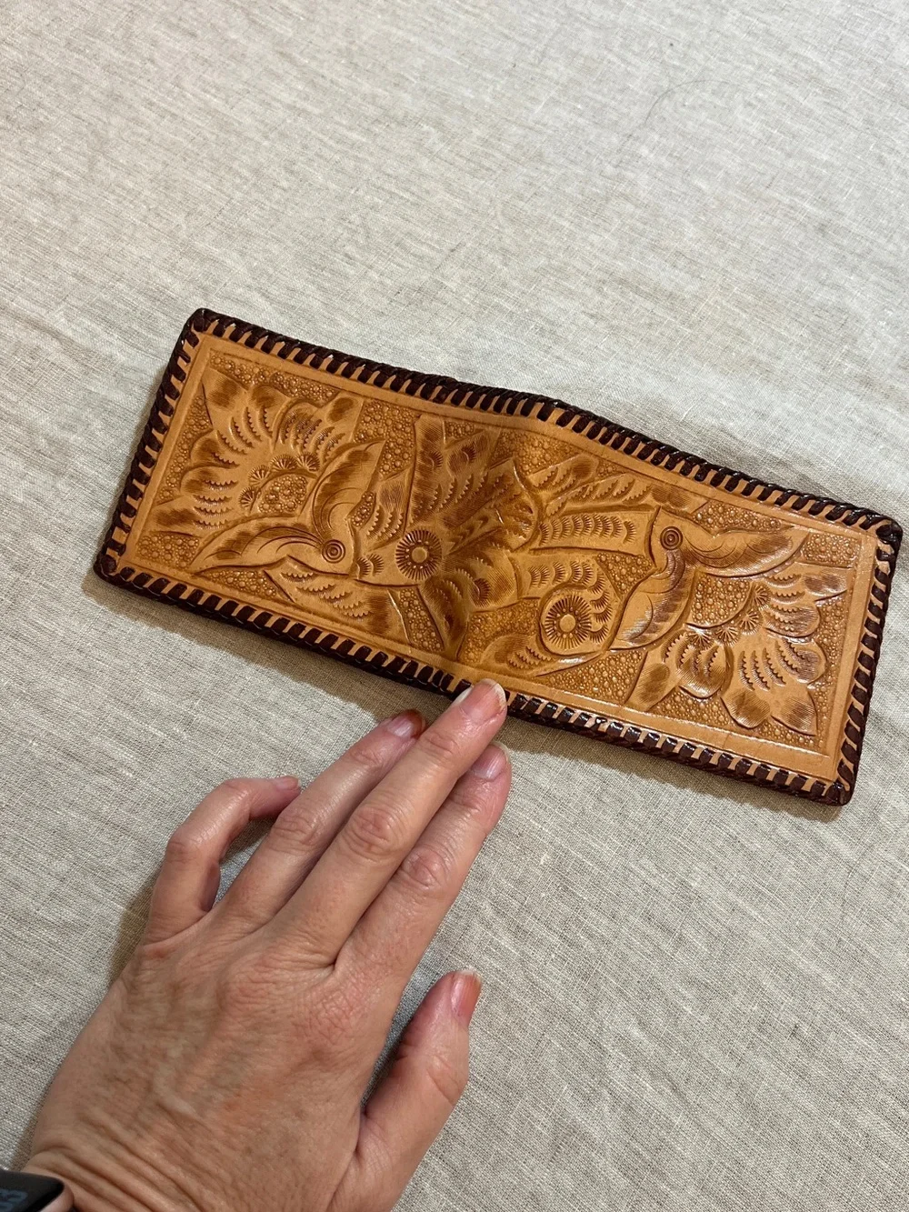 Hand-Tooled Leather Bifold Wallet - Tan with Dark Brown Trim